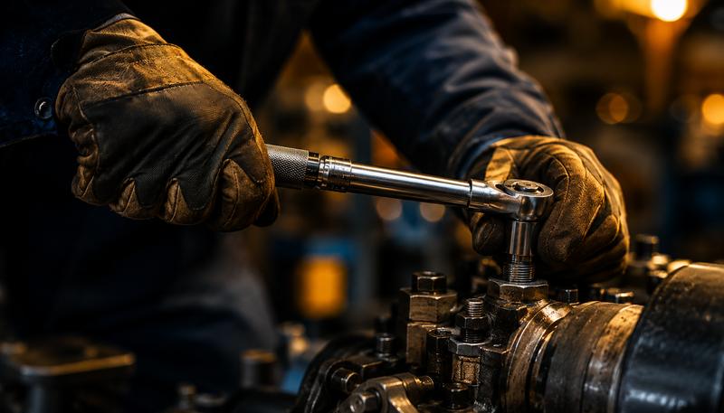 Mãos com luvas aplicando torquímetro em equipamento industrial
